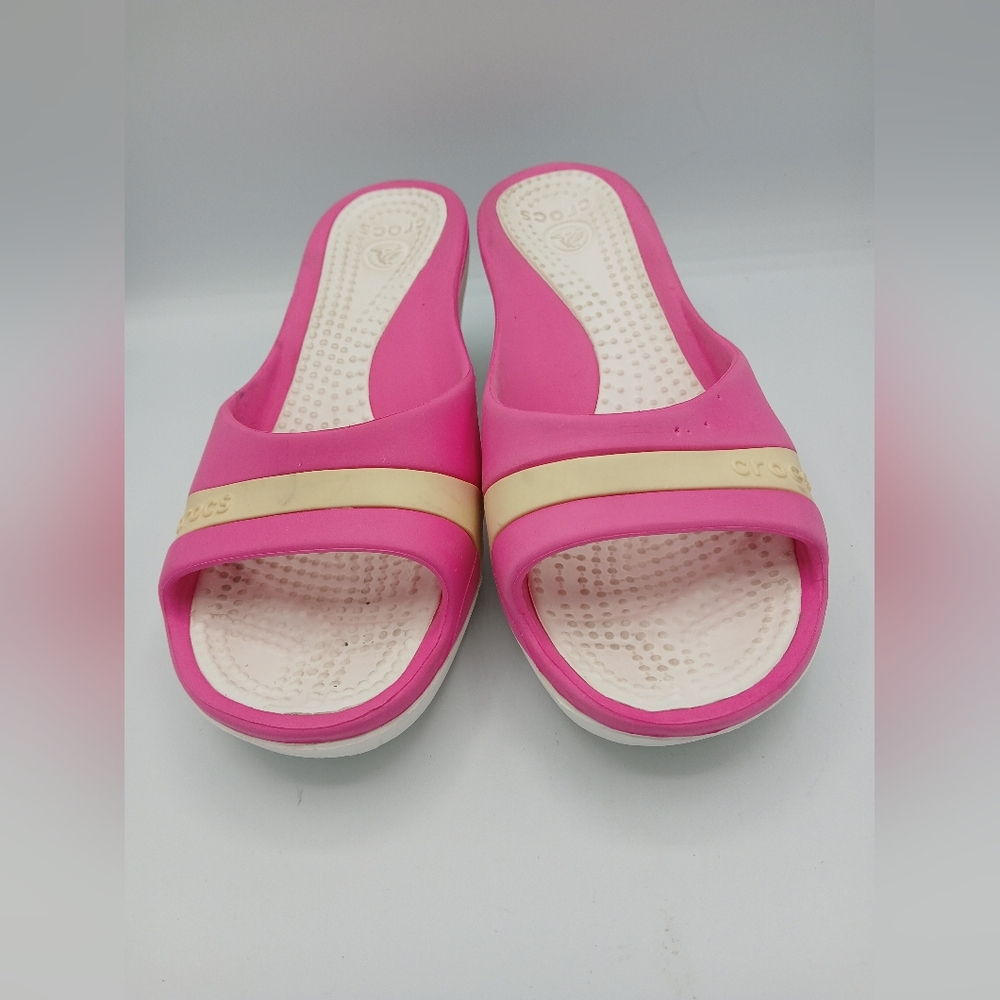 Crocs pink , white, yellow slide sandals, size 8